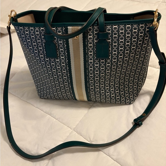 Tory Burch Handbags - Tory Burch Green Gemini Link Coated Canvas and Leather Zip Tote